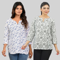 Pack Of 2 Womens Regular Fit Blue Vactor And Black Tribal Printed Tops Combo