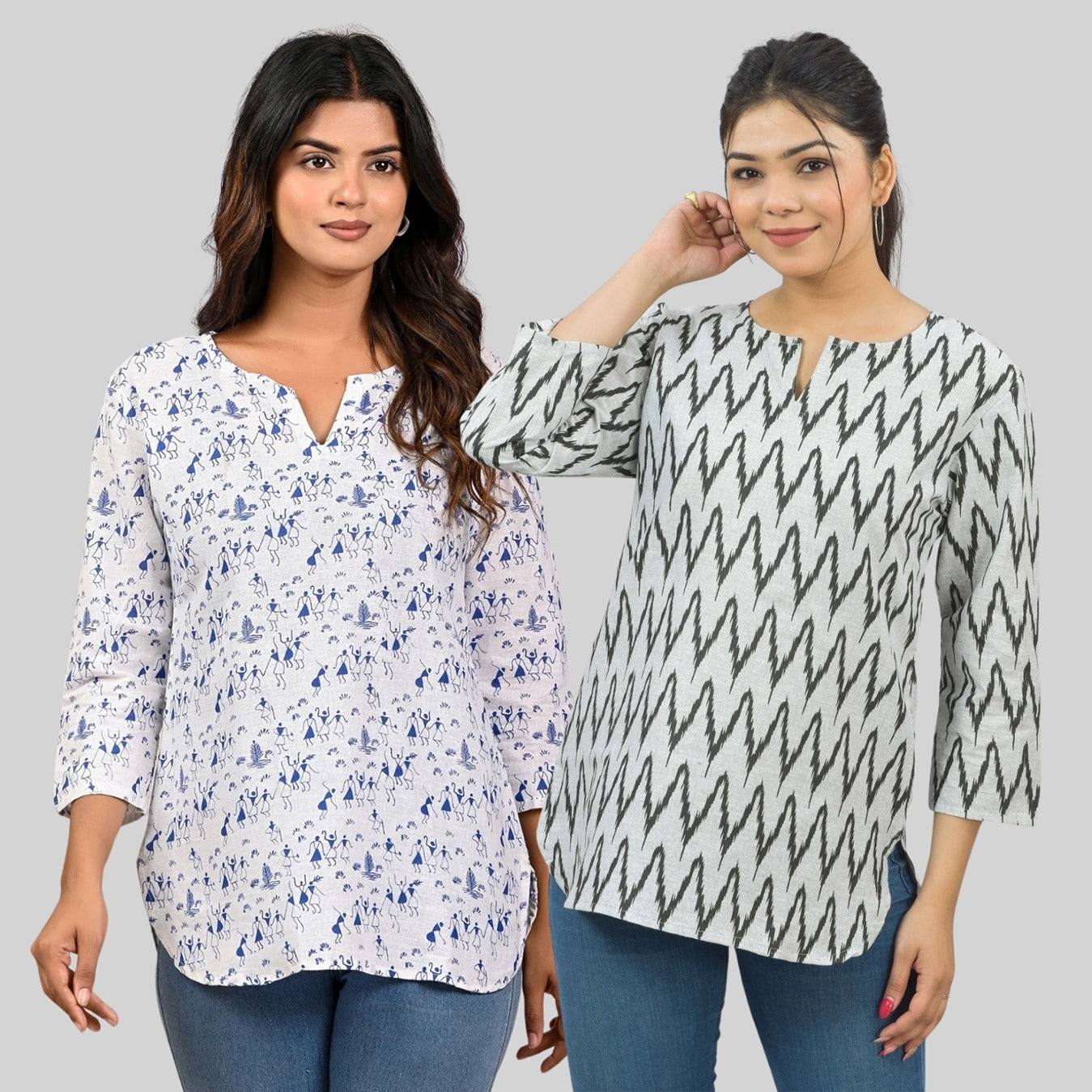 Pack Of 2 Womens Regular Fit Blue Vactor And Black Zig-Zag Printed Tops Combo