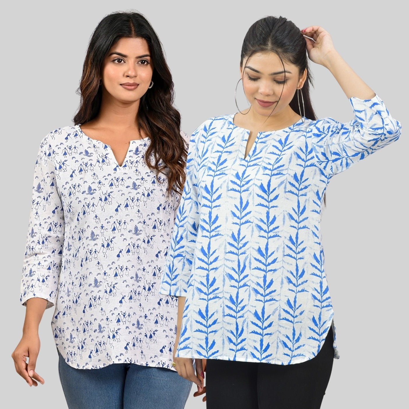 Pack Of 2 Womens Regular Fit Blue Vactor And Blue Leaf Tops Combo