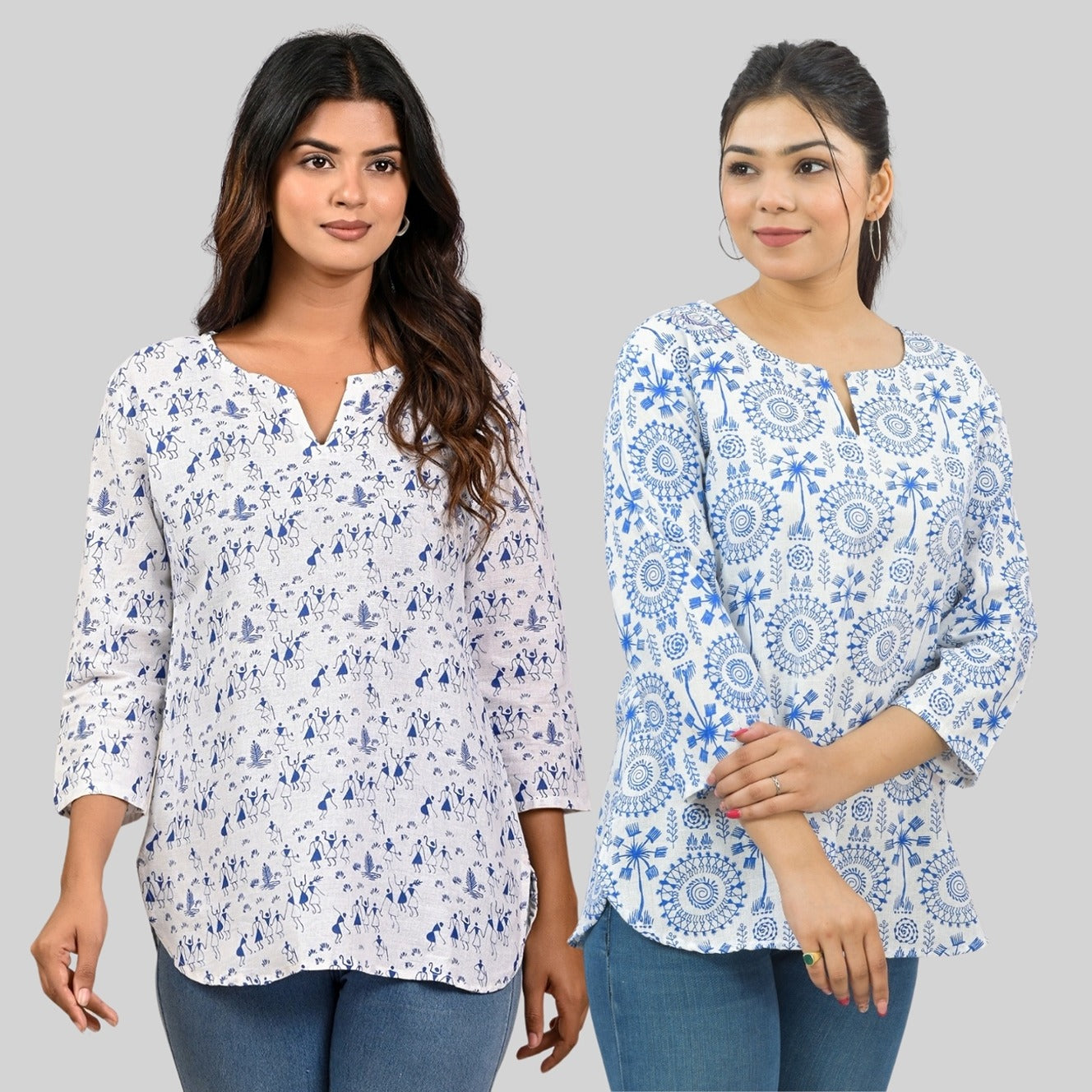 Pack Of 2 Womens Regular Fit Blue Vactor And Blue Tribal Printed Tops Combo