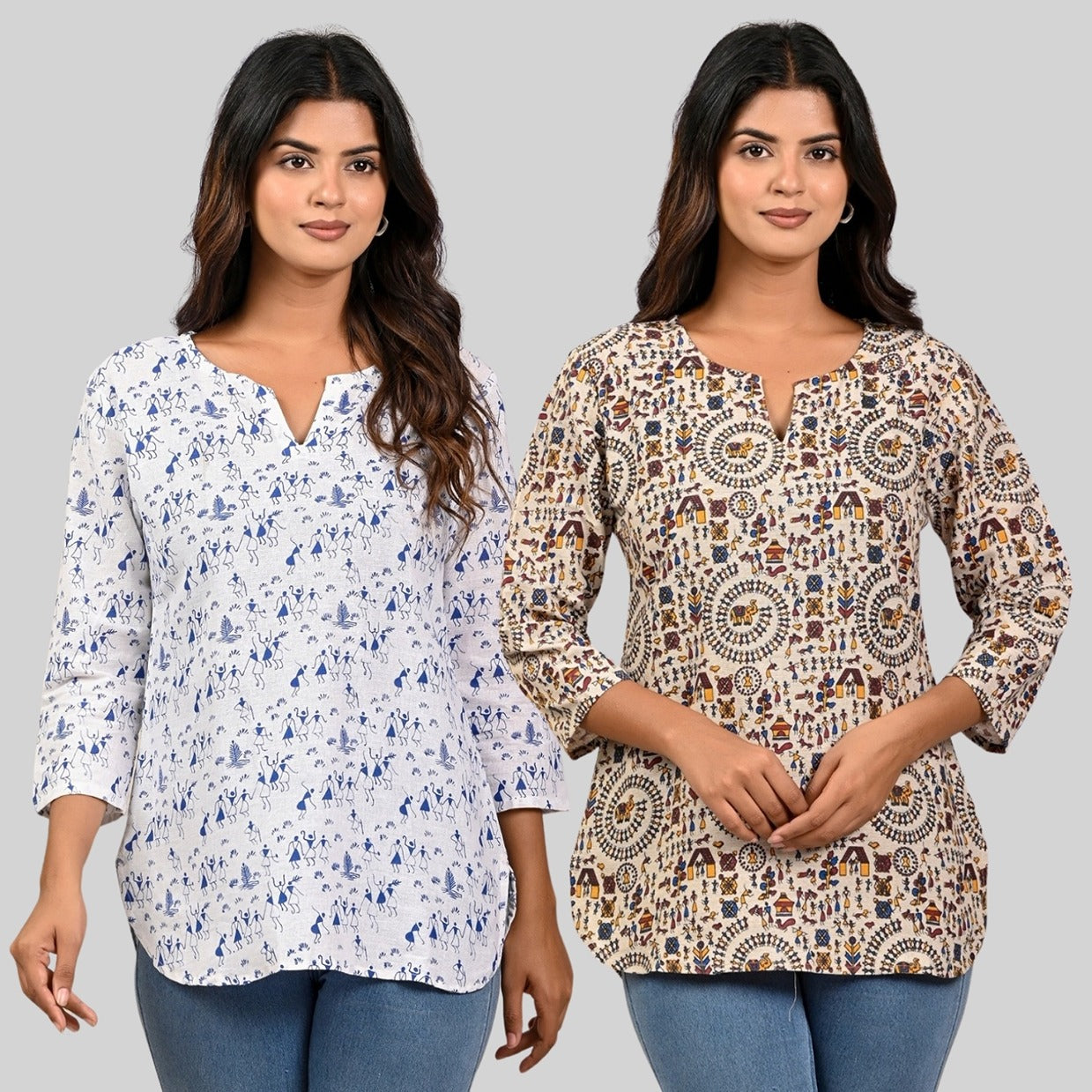 Pack Of 2 Womens Regular Fit Blue Vactor And Brown Multi Printed Tops Combo