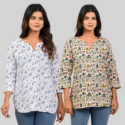 Pack Of 2 Womens Regular Fit Blue Vactor And Green Multi Printed Tops Combo