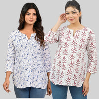 Pack Of 2 Womens Regular Fit Blue Vactor And Maroon Leaf Printed Tops Combo