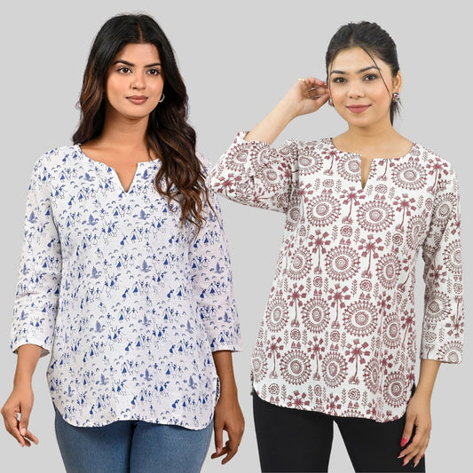 Pack Of 2 Womens Regular Fit Blue Vactor And Maroon Tribal Printed Tops Combo