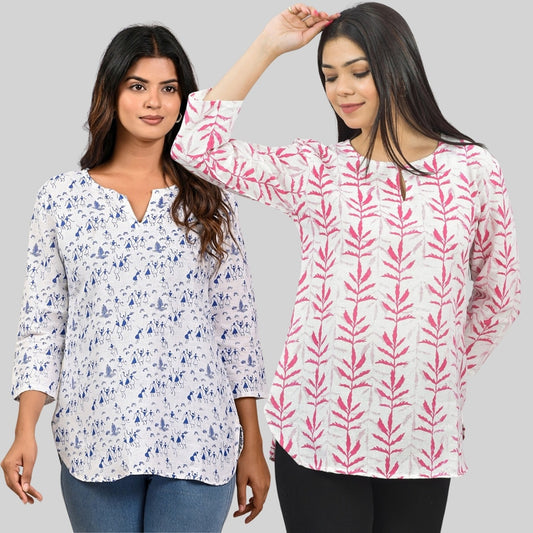 Pack Of 2 Womens Regular Fit Blue Vactor And Pink Leaf Printed Tops Combo