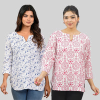 Pack Of 2 Womens Regular Fit Blue Vactor And Pink Tribal Printed Tops Combo