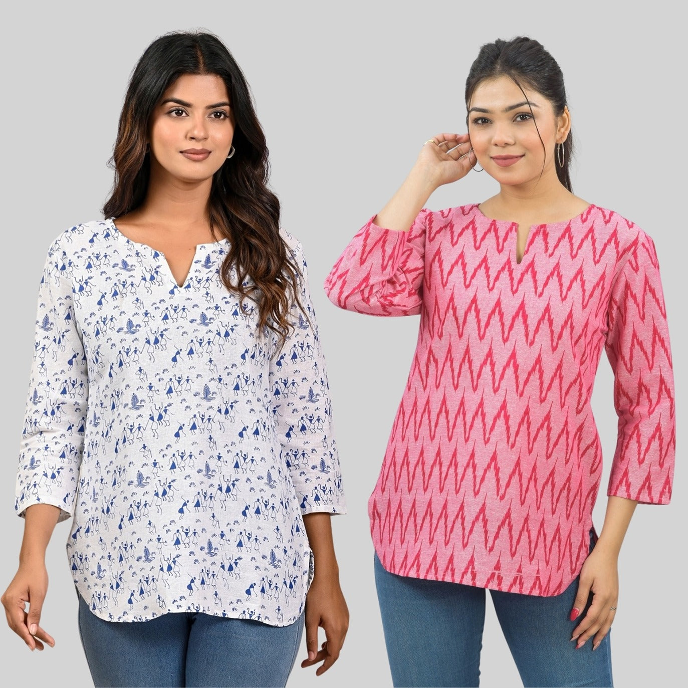 Pack Of 2 Womens Regular Fit Blue Vactor And Pink Zig-Zag Printed Tops Combo