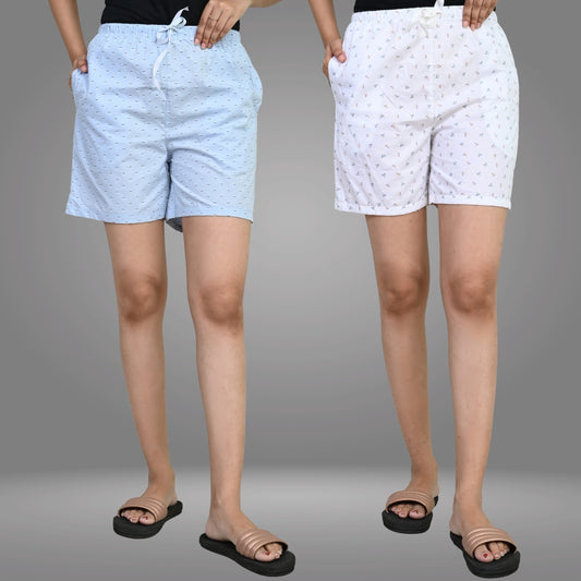 Pack Of 2 Womens Blue And White Printed Short Combo
