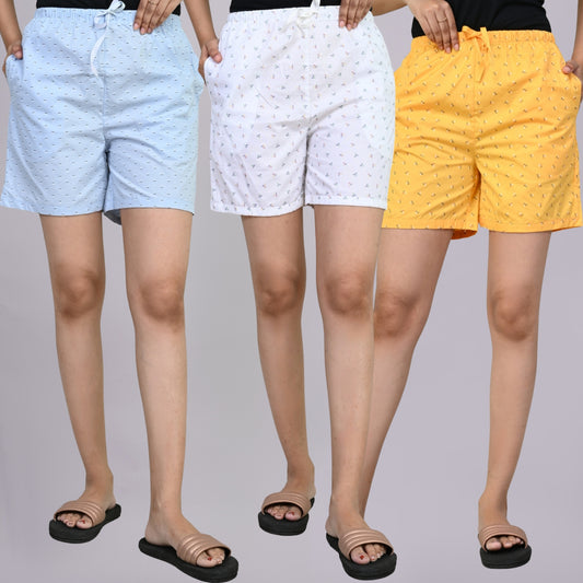 Pack Of 3 Blue, White And Yellow Printed Women Shorts Combo