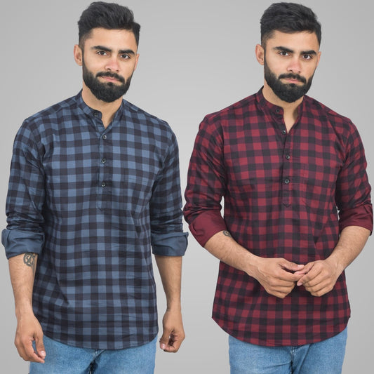 Pack Of 2 Mens Blue And Wine Check Cotton Short Kurta Combo
