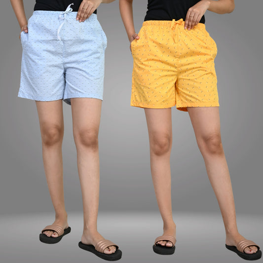 Pack Of 2 Womens Blue And Yellow Printed Short Combo