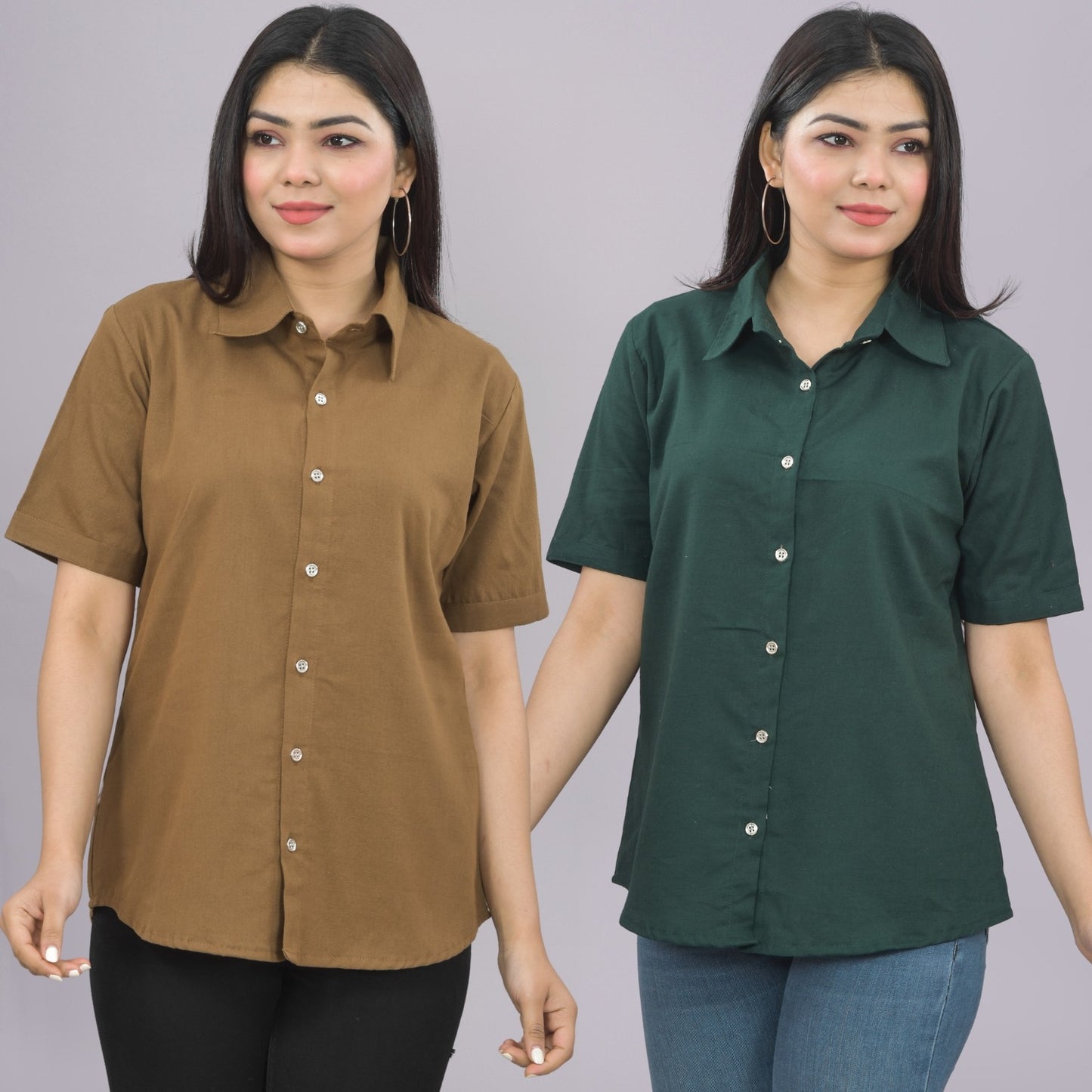 Pack Of 2 Womens Solid Brown And Bottle Green Half Sleeve Cotton Shirts Combo