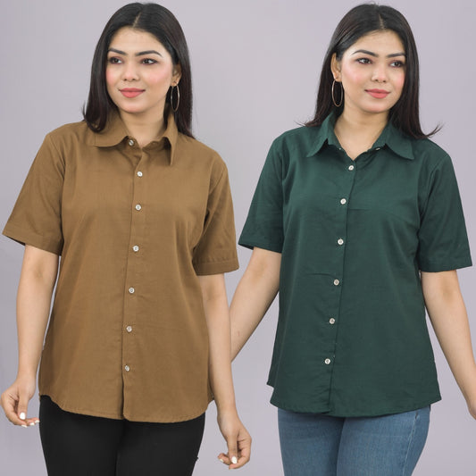 Pack Of 2 Womens Solid Brown And Bottle Green Half Sleeve Cotton Shirts Combo