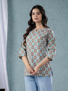 Womens Brown Sanganeri Printed Cotton Short Kurti