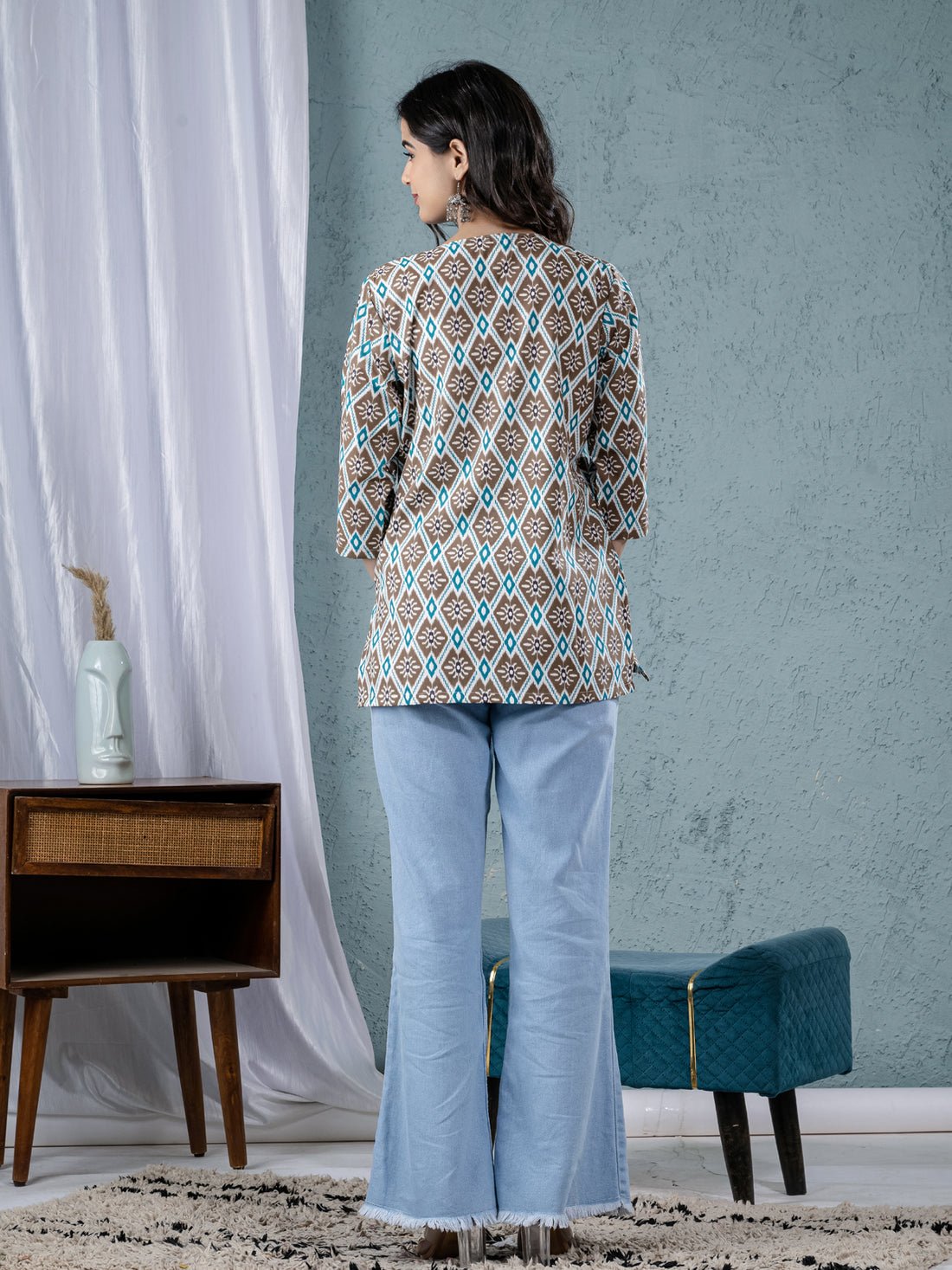 Womens Brown Sanganeri Printed Cotton Short Kurti