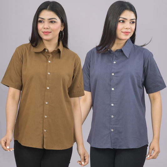 Pack Of 2 Womens Solid Brown And Grey Half Sleeve Cotton Shirts Combo