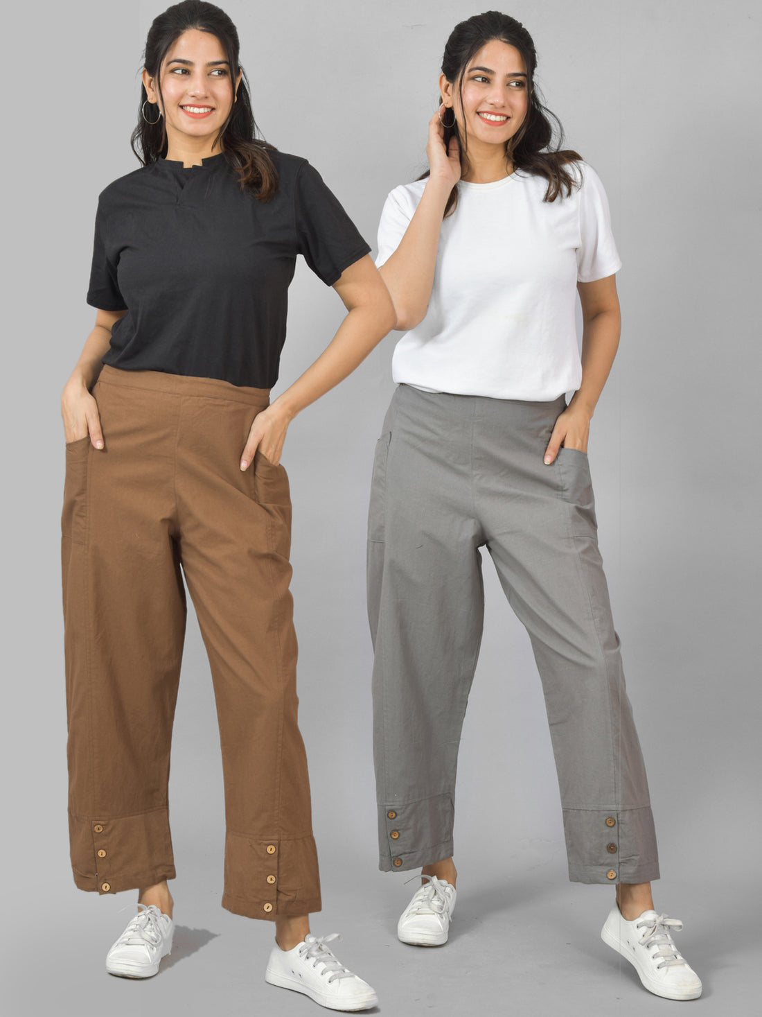 Combo Pack Of Womens Brown And Grey Side Pocket Straight Cargo Pants