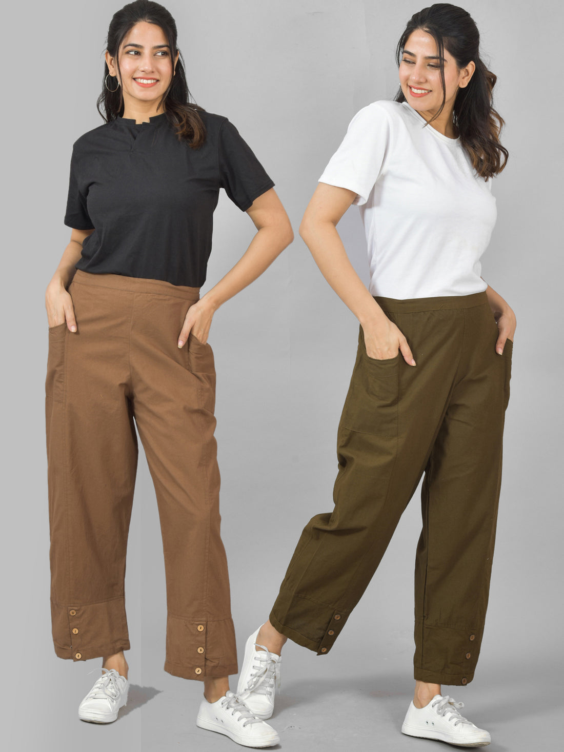 Combo Pack Of Womens Brown And Mehndi Green Side Pocket Straight Cargo Pants