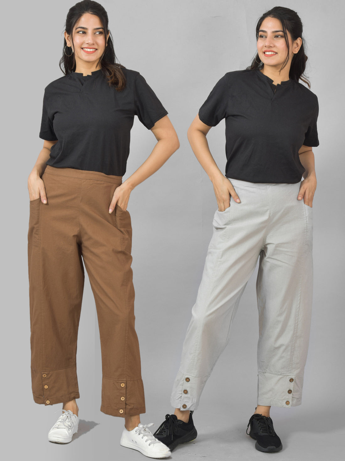 Combo Pack Of Womens Brown And Melange Grey Side Pocket Straight Cargo Pants