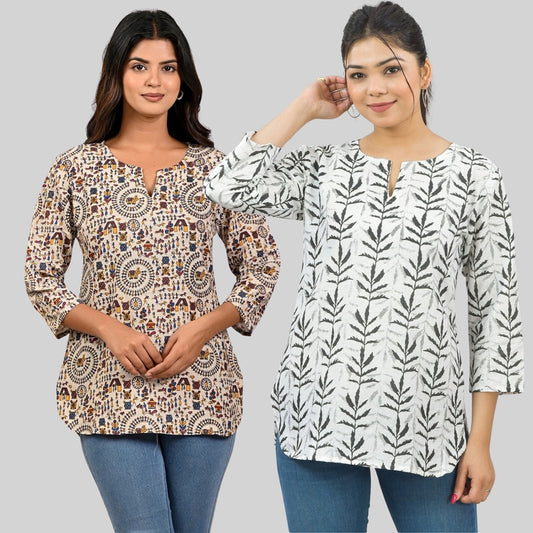 Pack Of 2 Womens Regular Fit Brown Multi Printed And Black Leaf Printed Tops Combo