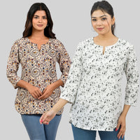 Pack Of 2 Womens Regular Fit Brown Multi Printed And Black Vactor Printed Tops Combo