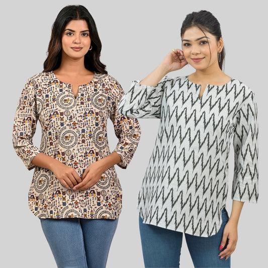 Pack Of 2 Womens Regular Fit Brown Multi Printed And Black Zig-Zag Printed Tops Combo