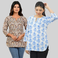 Pack Of 2 Womens Regular Fit Brown Multi Printed And Blue Leaf Printed Tops Combo