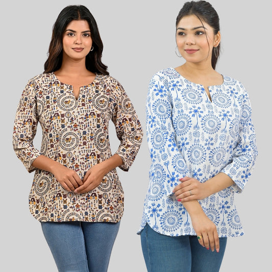 Pack Of 2 Womens Regular Fit Brown Multi Printed And Blue Tribal Printed Tops Combo