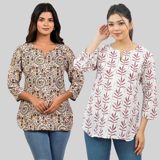 Pack Of 2 Womens Regular Fit Brown Multi Printed And Maroon Leaf Printed Tops Combo