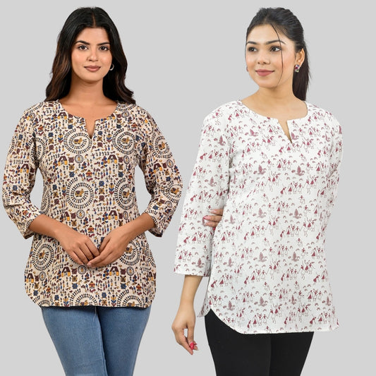 Pack Of 2 Womens Regular Fit Brown Multi Printed And Maroon Vactor Printed Tops Combo