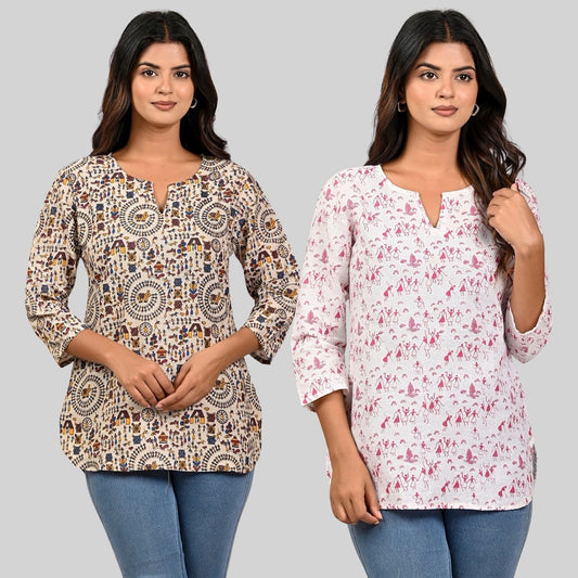 Pack Of 2 Womens Regular Fit Brown Multi Printed And Pink Vactor Printed Tops Combo