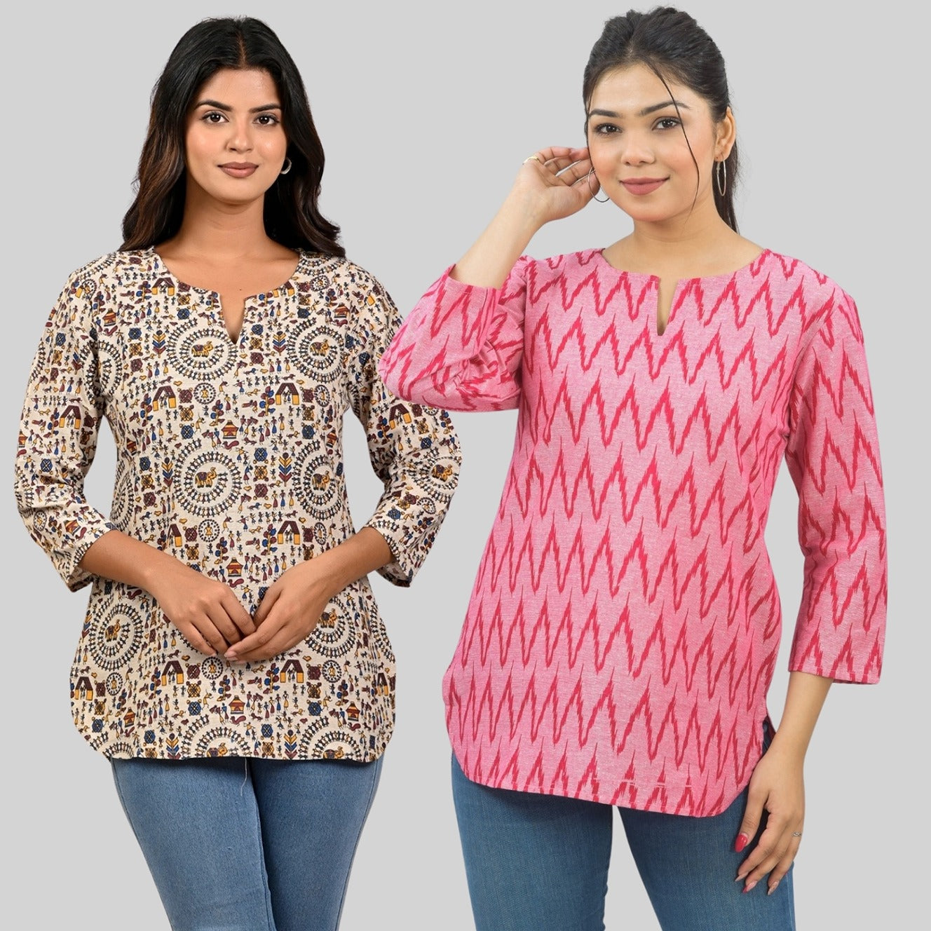 Pack Of 2 Womens Regular Fit Brown Multi Printed And Pink Zig-Zag Printed Tops Combo