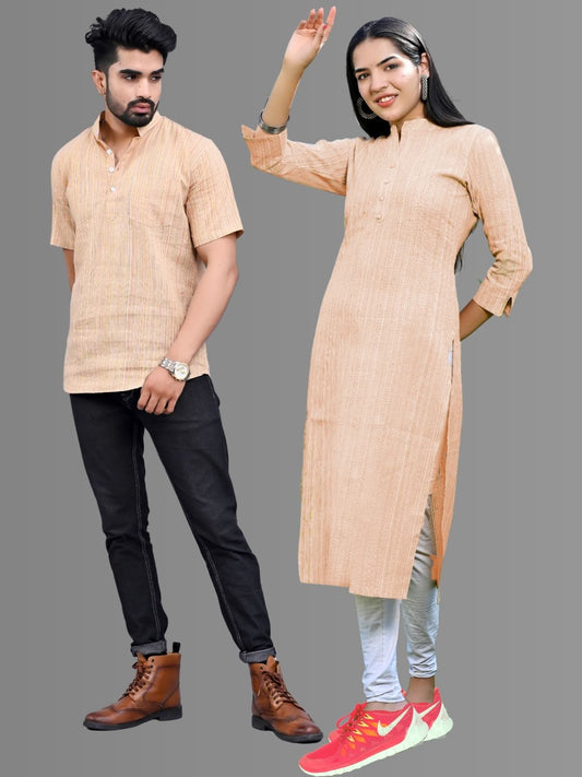 Ethnic Wear Khadi Cotton Brown Multistripe Couple Kurta Set