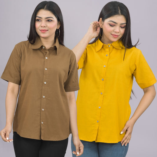Pack Of 2 Womens Solid Brown And Mustard Half Sleeve Cotton Shirts Combo