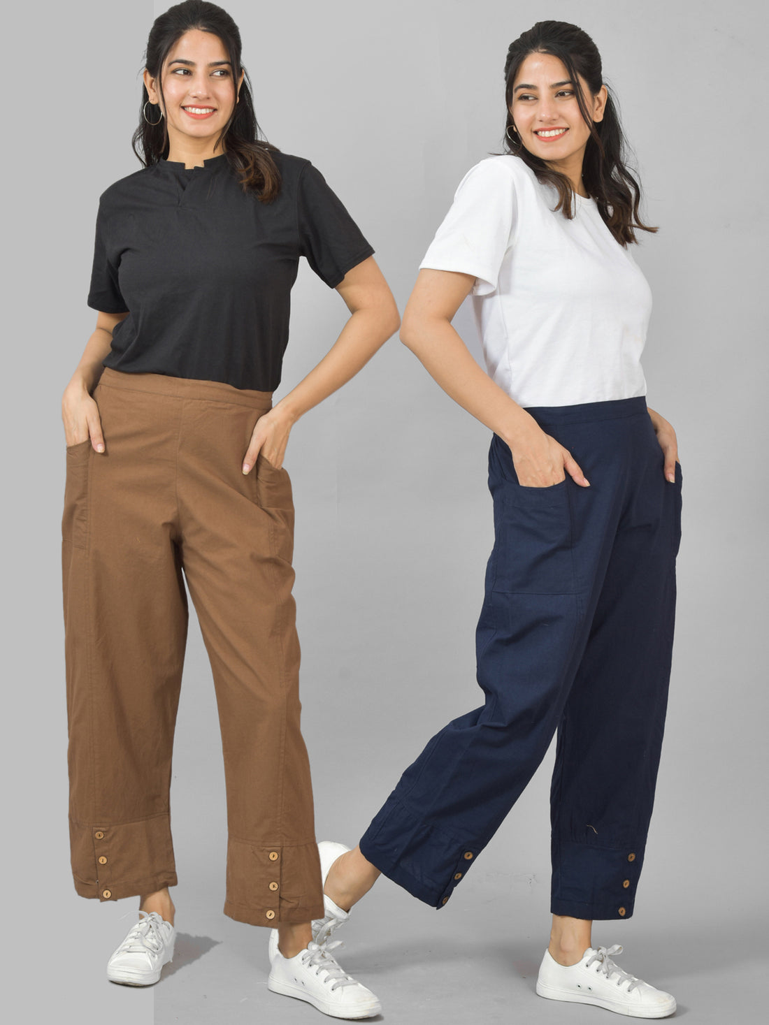 Combo Pack Of Womens Brown And Navy Blue Side Pocket Straight Cargo Pants