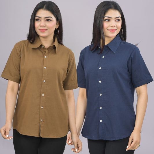 Pack Of 2 Womens Solid Brown And Navy Blue Half Sleeve Cotton Shirts Combo