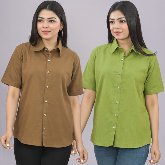 Pack Of 2 Womens Solid Brown And Olive Green Half Sleeve Cotton Shirts Combo