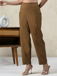 Womens Brown Side Pocket Pure Cotton Straight Cargo Pant