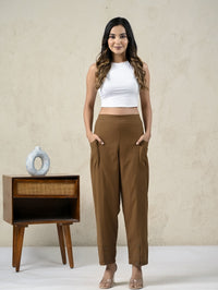 Womens Brown Side Pocket Pure Cotton Straight Cargo Pant