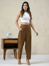 Womens Brown Side Pocket Pure Cotton Straight Cargo Pant