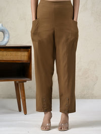 Womens Brown Side Pocket Pure Cotton Straight Cargo Pant