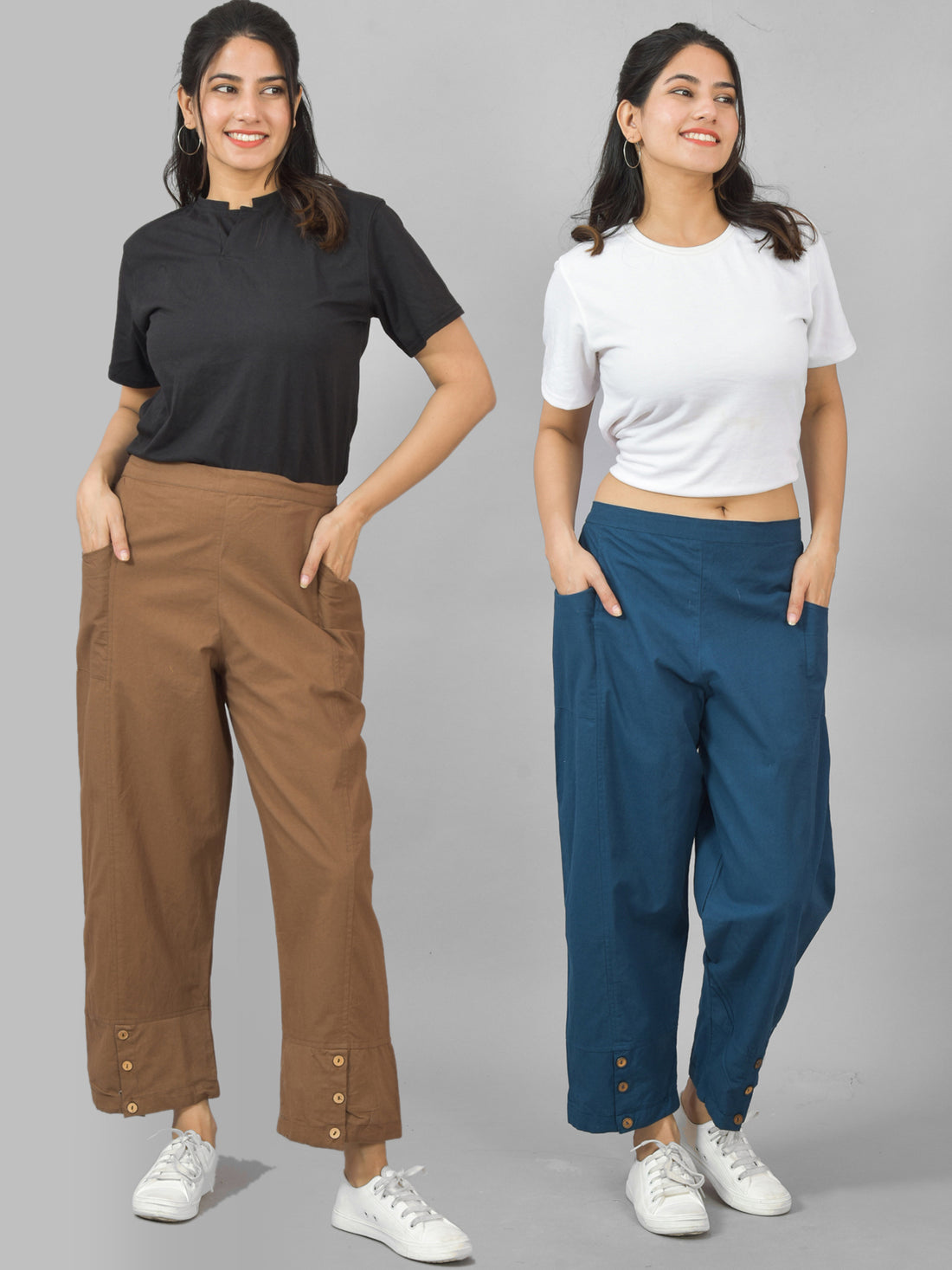 Combo Pack Of Womens Brown And Teal Blue Side Pocket Straight Cargo Pants
