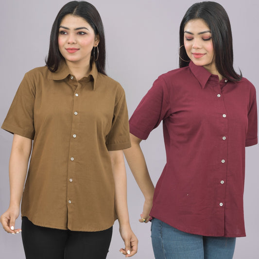 Pack Of 2 Womens Solid Brown And Wine Half Sleeve Cotton Shirts Combo