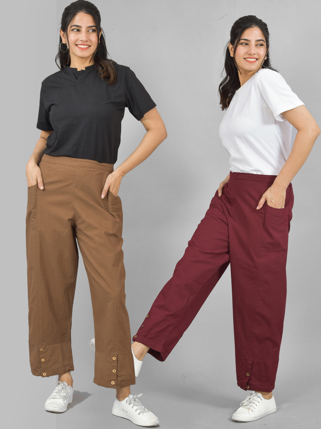 Combo Pack Of Womens Brown And Wine Side Pocket Straight Cargo Pants