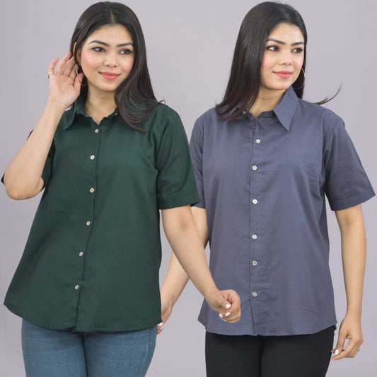 Pack Of 2 Womens Solid Bottle Green And Grey Half Sleeve Cotton Shirts Combo