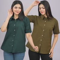 Pack Of 2 Womens Solid Bottle Green And Mehendi Half Sleeve Cotton Shirts Combo