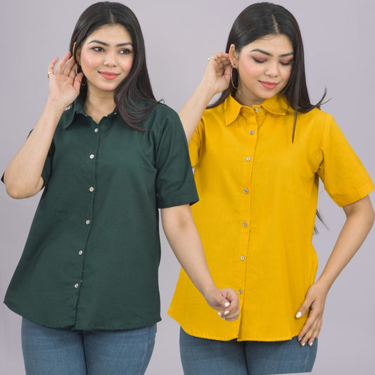 Pack Of 2 Womens Solid Bottle Green And Mustard Half Sleeve Cotton Shirts Combo