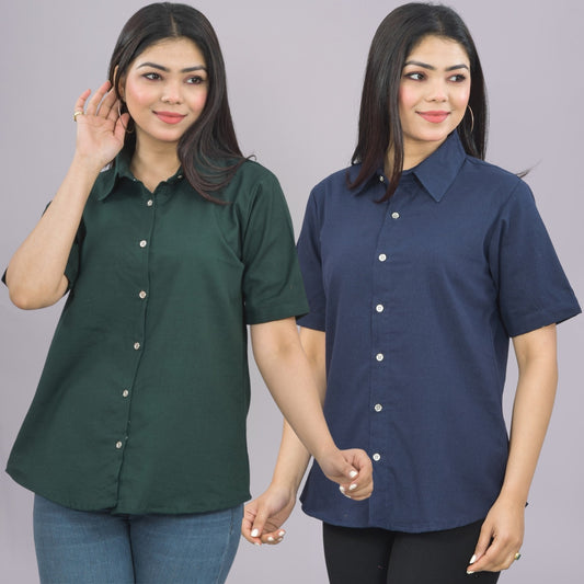 Pack Of 2 Womens Solid Bottle Green And Navy Blue Half Sleeve Cotton Shirts Combo