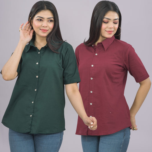 Pack Of 2 Womens Solid Bottle Green And Wine Half Sleeve Cotton Shirts Combo