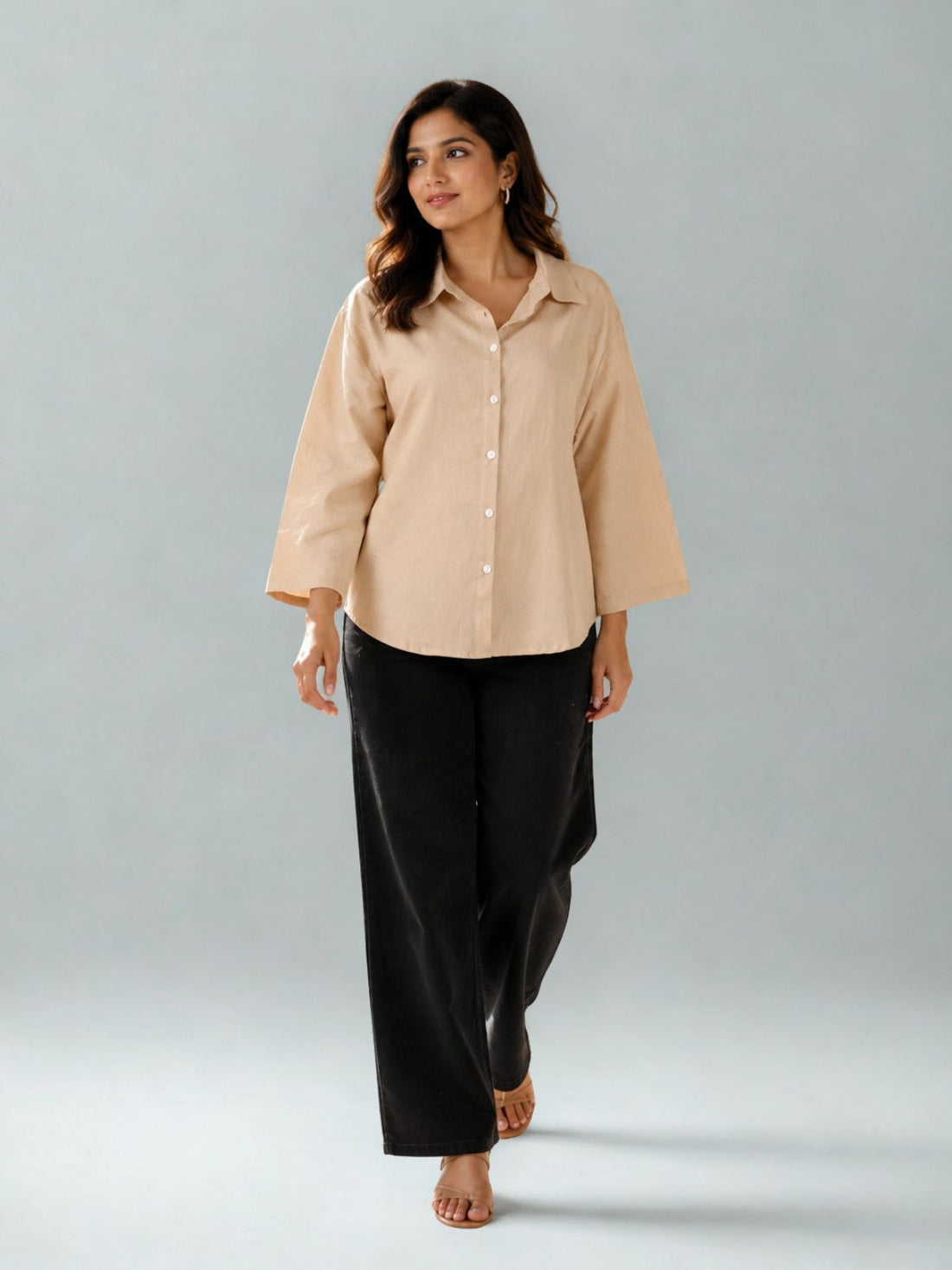 Beige Cotton bell Sleeves Shirts